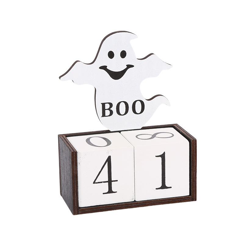 V888-ELOSUNG36471-202509101431-00 White Ghost Shape Festive Halloween Countdown Blocks - Reusable Wooden Perpetual Calendar for Desk Decor - Image 1