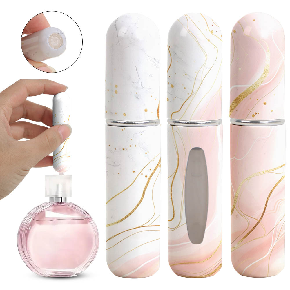 V888-ELOSUNG36489-202509220946-00 Light Pink Chic Marble Travel Perfume Atomizer Set (3-Pack) - 5ml Leakproof Bottom-Fill Spray Bottles - Image 1