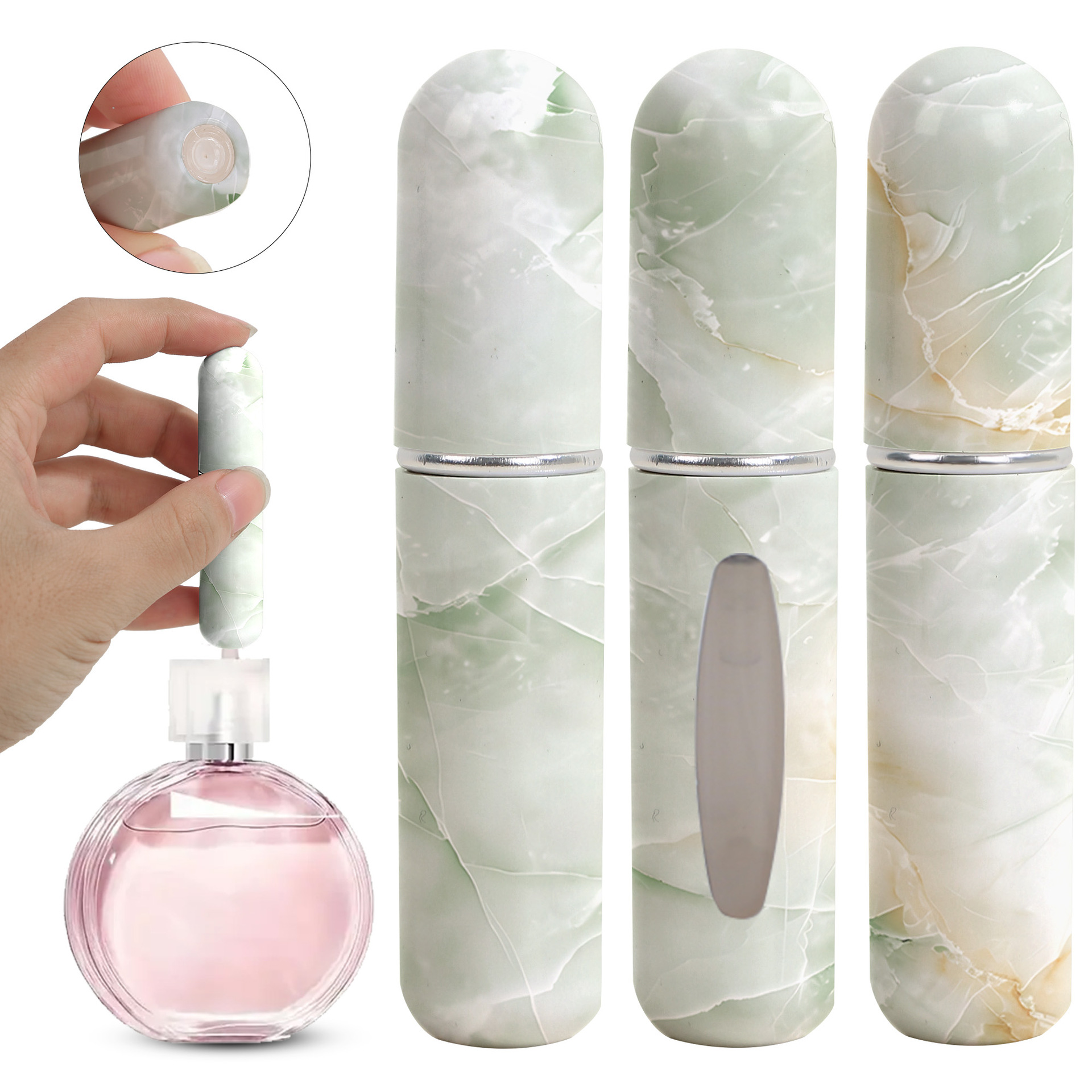 V888-ELOSUNG36493-202509220955-00 Light Green Chic Marble Travel Perfume Atomizer Set (3-Pack) - 5ml Leakproof Bottom-Fill Spray Bottles - Image 1