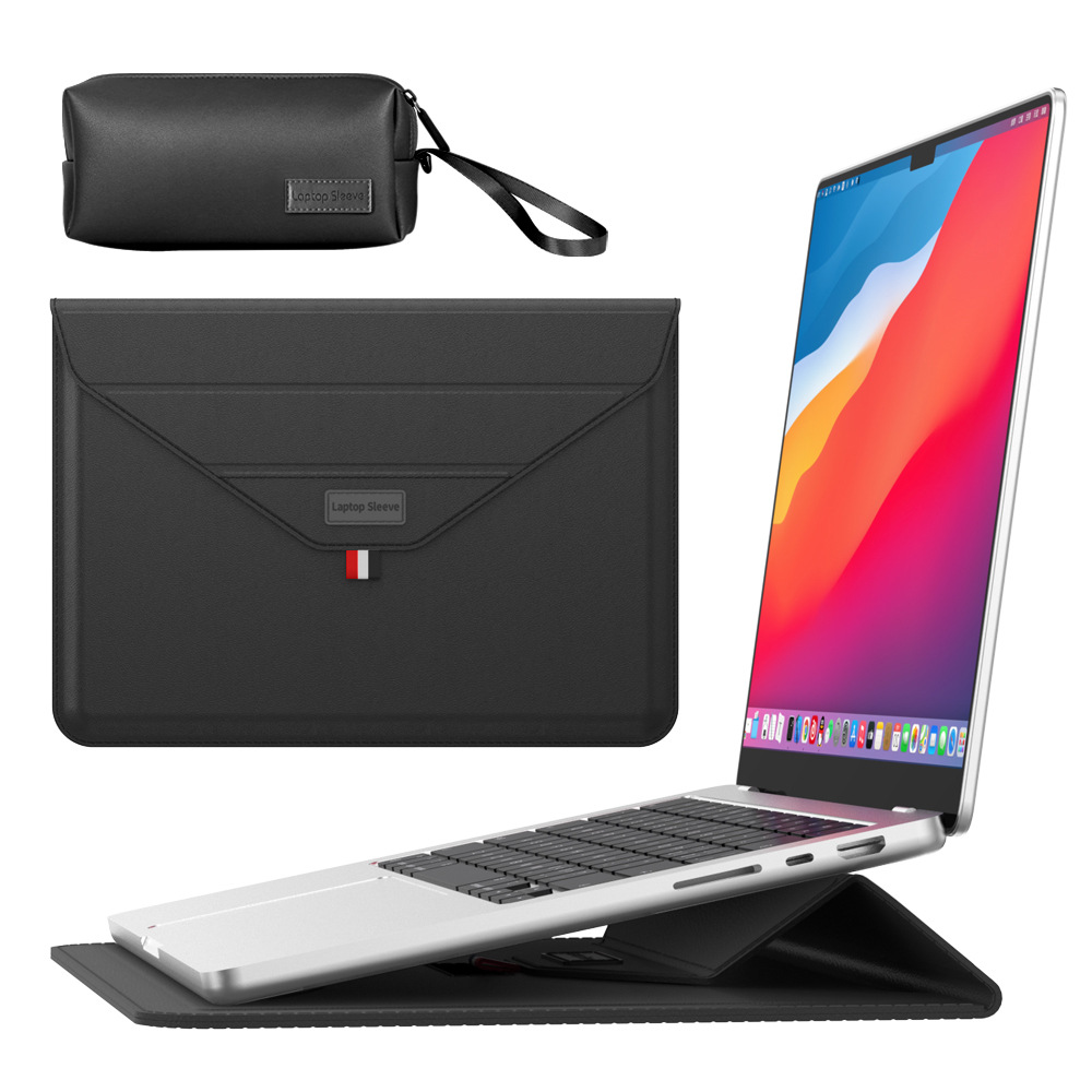 V888-ELOSUNG37011-202509091721-00 3-in-1 PU Leather Laptop Sleeve with Stand & Mouse Pad + Accessory Pouch(black) - Image 1