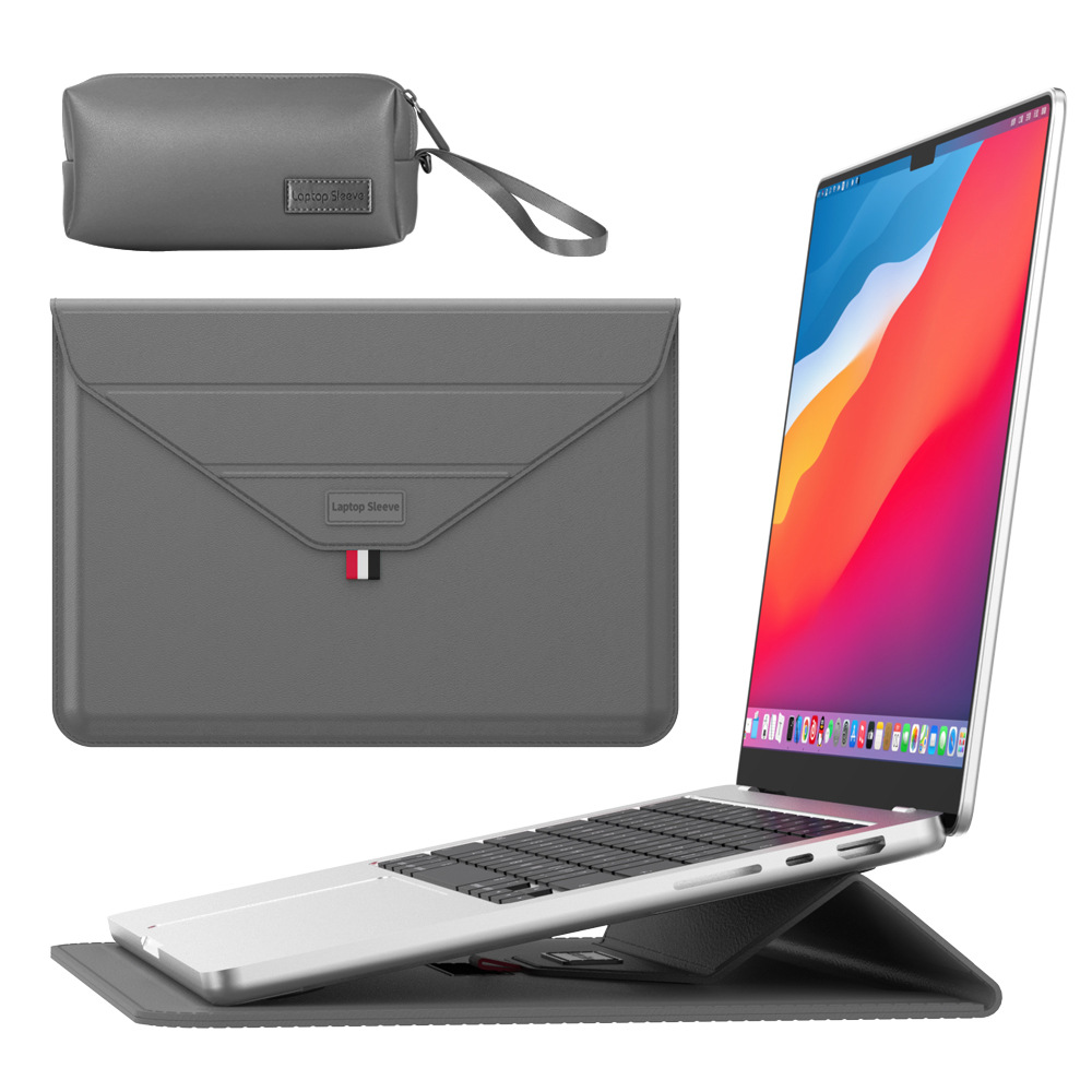 V888-ELOSUNG37012-202509091722-00 3-in-1 PU Leather Laptop Sleeve with Stand & Mouse Pad + Accessory Pouch(Gray) - Image 1