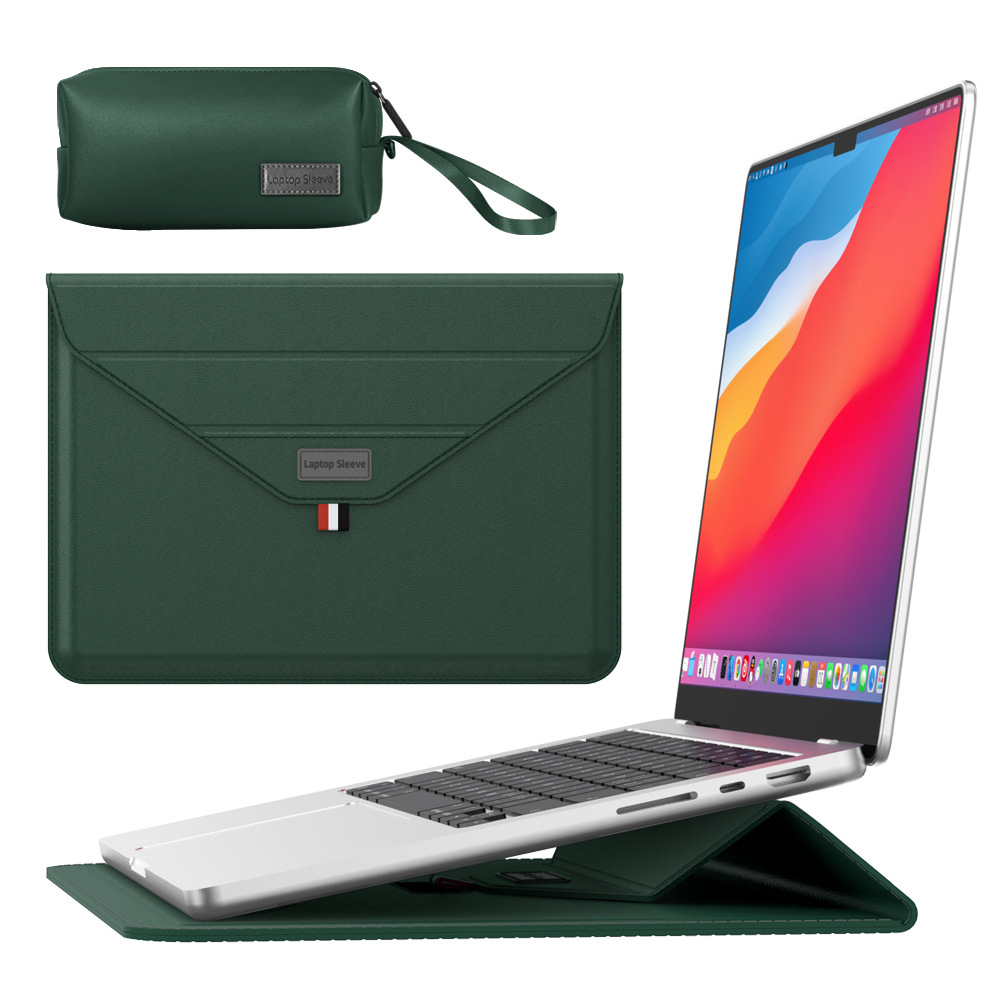 V888-ELOSUNG37015-202509091722-00 3-in-1 PU Leather Laptop Sleeve with Stand & Mouse Pad + Accessory Pouch(Dark Green) - Image 1
