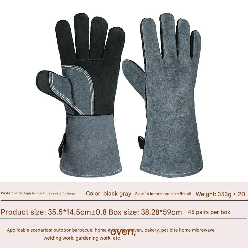 V888-ELOSUNG37040-202509220940-00 Heavy-Duty Leather Heat Resistant Gloves - 500°C BBQ, Welding & Oven Mitts with Long Cuffs(black and grey) - Image 1