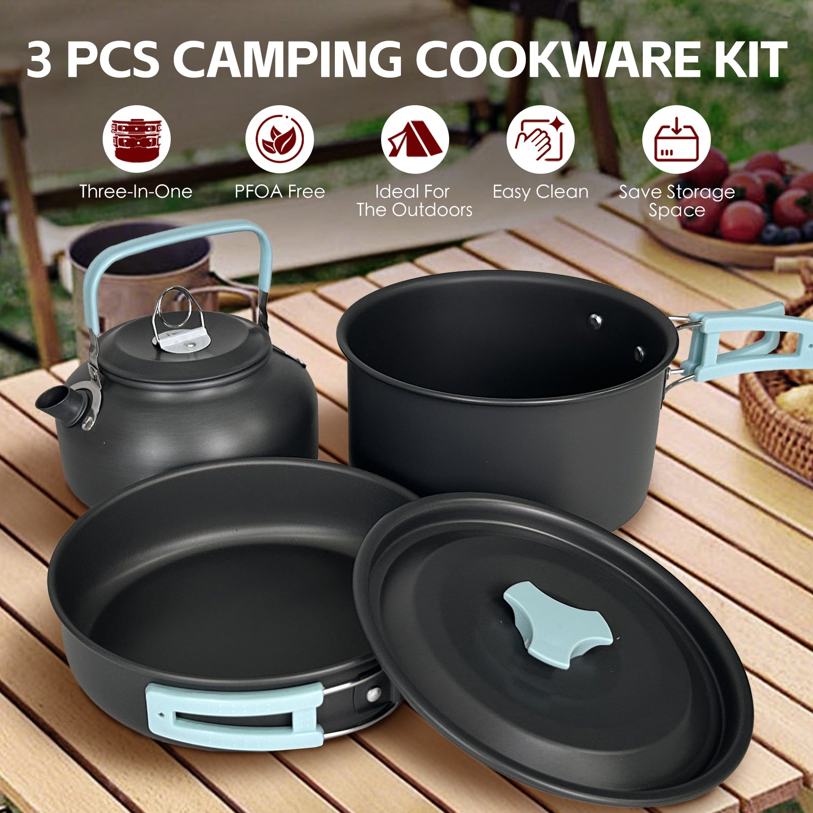 V915-HO0404-202509250854-00 3Pcs Camping Cooking Set – Lightweight Anodised Aluminium Outdoor Cookware Kit with Heat-Resistant Handles - Image 1