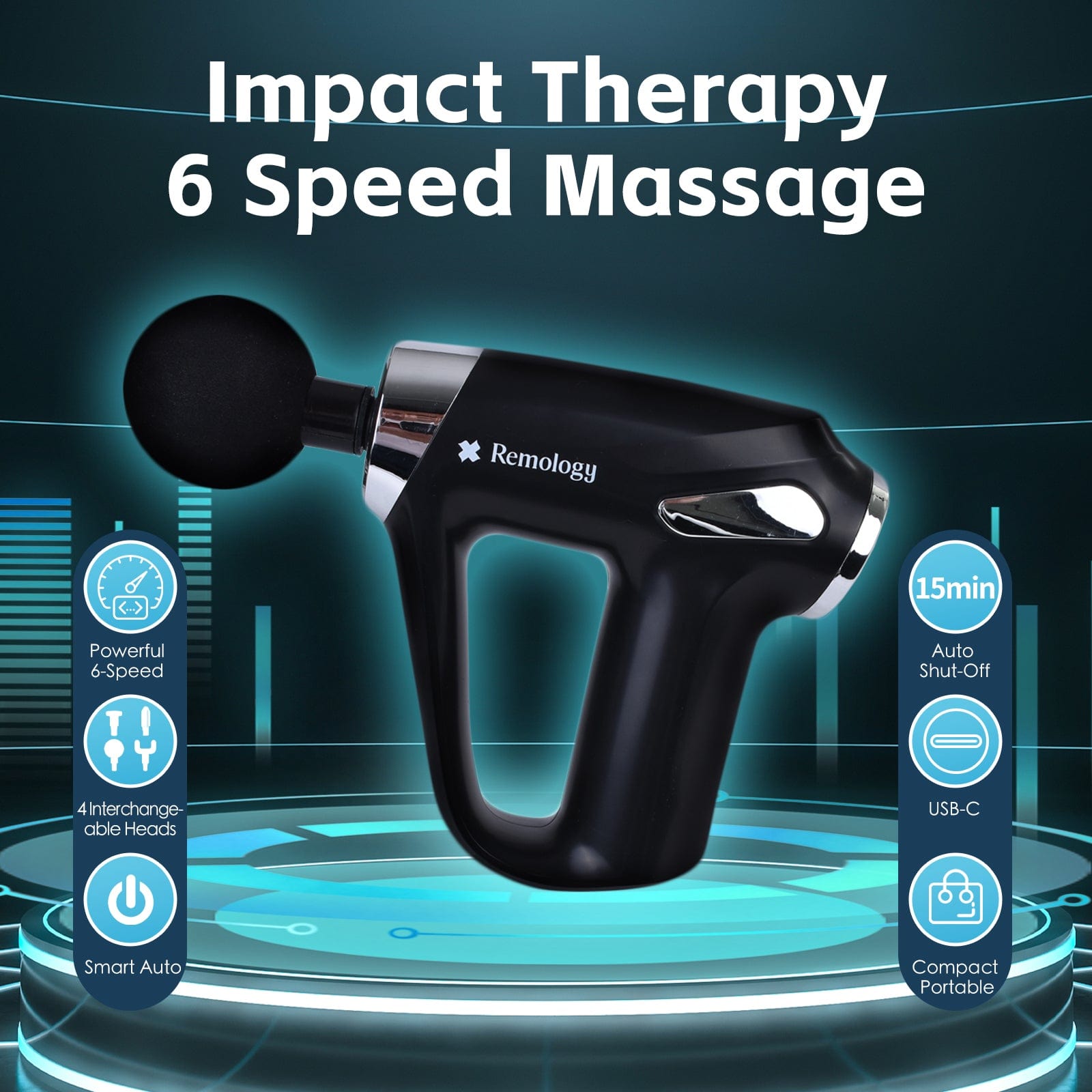 V915-RM0038-202509250915-00 Remology Impact Therapy 6 Adaptive Speed USB-C Massage Gun with 4 Heads - Image 1