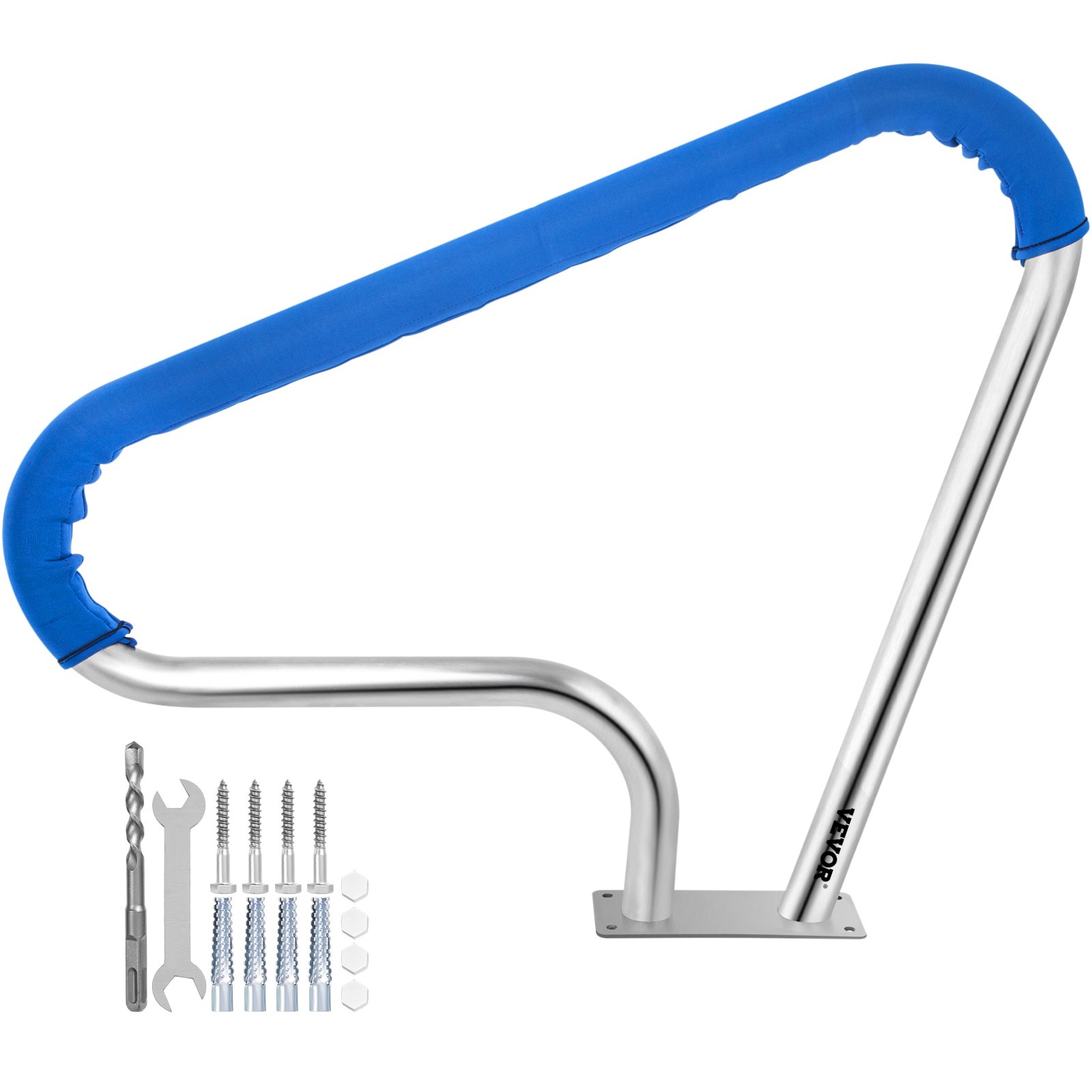 V952-BXGYCFS3W39X32YC1V0-202507141242-00 VEVOR Pool Rail 39x32 Pool Railing 304 Stainless Steel 250LBS Load Capacity Silver Rustproof Pool Handrail Humanized Swimming Pool Handrail with Blue Grip Cover & M8 Drill Bit & Self-Taping Screws - Image 1