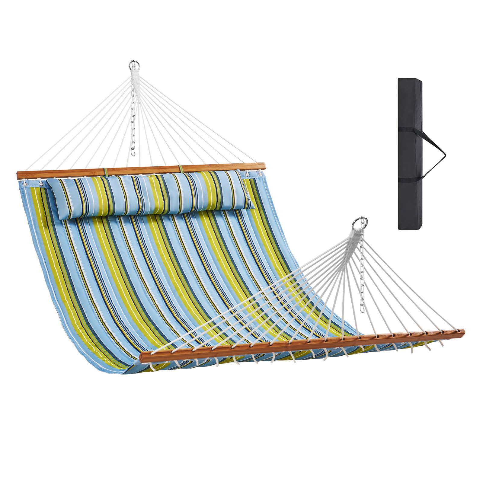 V952-HFDCBDZJYZXT01Q05V0-202507141338-00 VEVOR Double Quilted Fabric Hammock, 12 FT Double Hammock with Hardwood Spreader Bars, 2 Person Quilted Hammock with Detachable Pillow and Chains for Camping Outdoor Patio Yard Beach, 480 lbs Capacity - Image 1