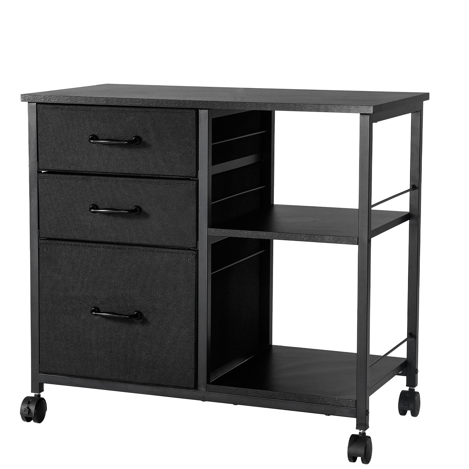 V952-JSHXWJGJTMZWYX3KK001V0-202508011915-00 VEVOR Mobile Metal File Cabinet with 3 Fabric Drawers and 2 Open Shelves Black - Image 1