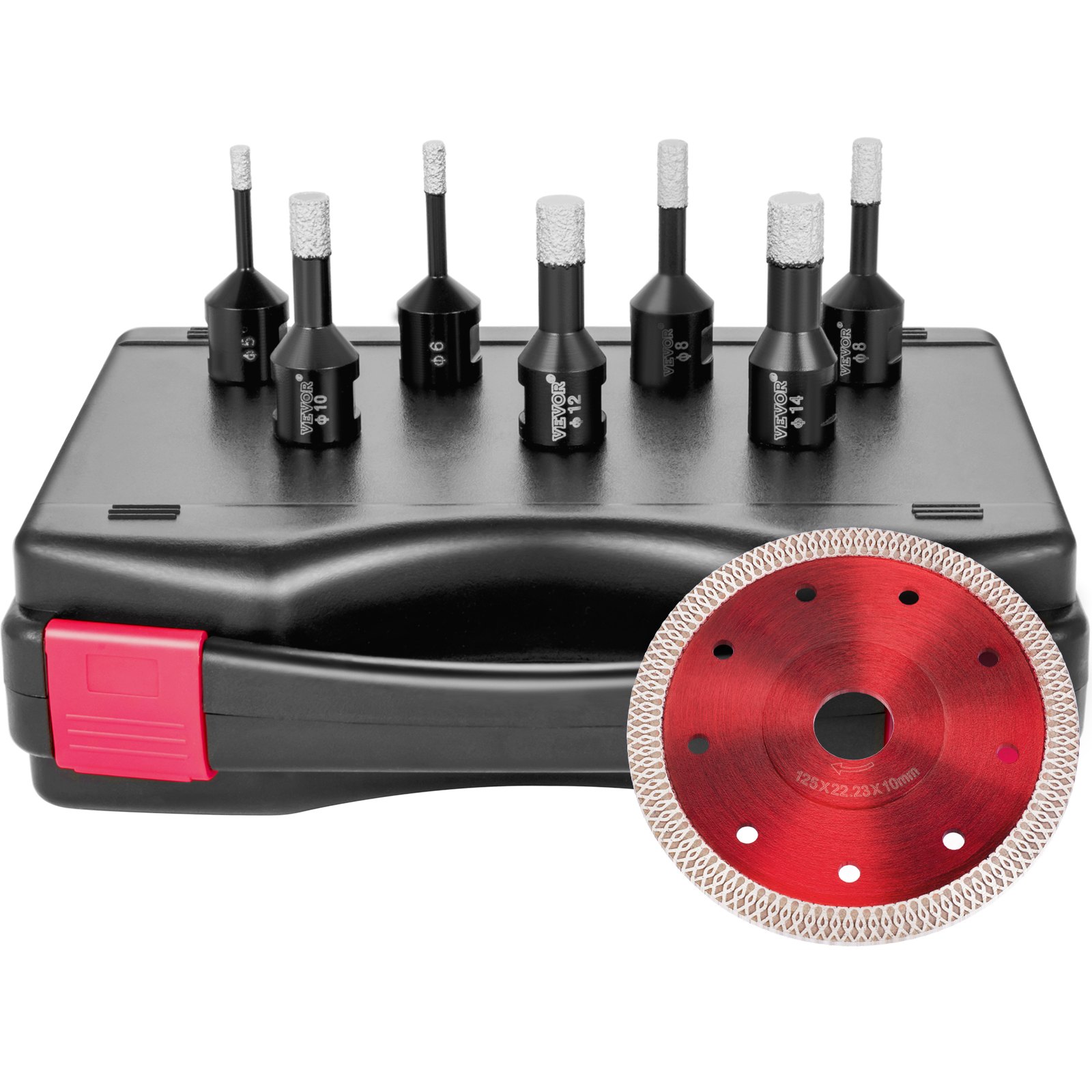 V952-JTQHJGSKZTJ76YD1YV0-202507141452-00 VEVOR Diamond Drill Bits 7PCS Diamond Hole Saw 6/6/8/8/10/12/14mm Tile Hole Saw Kit Vacuum Brazed Diamond Drill Bit 0.59in/15mm Segment Tile Hole Saw w Storage Case for Tile Ceramic Porcelain Marble - Image 1