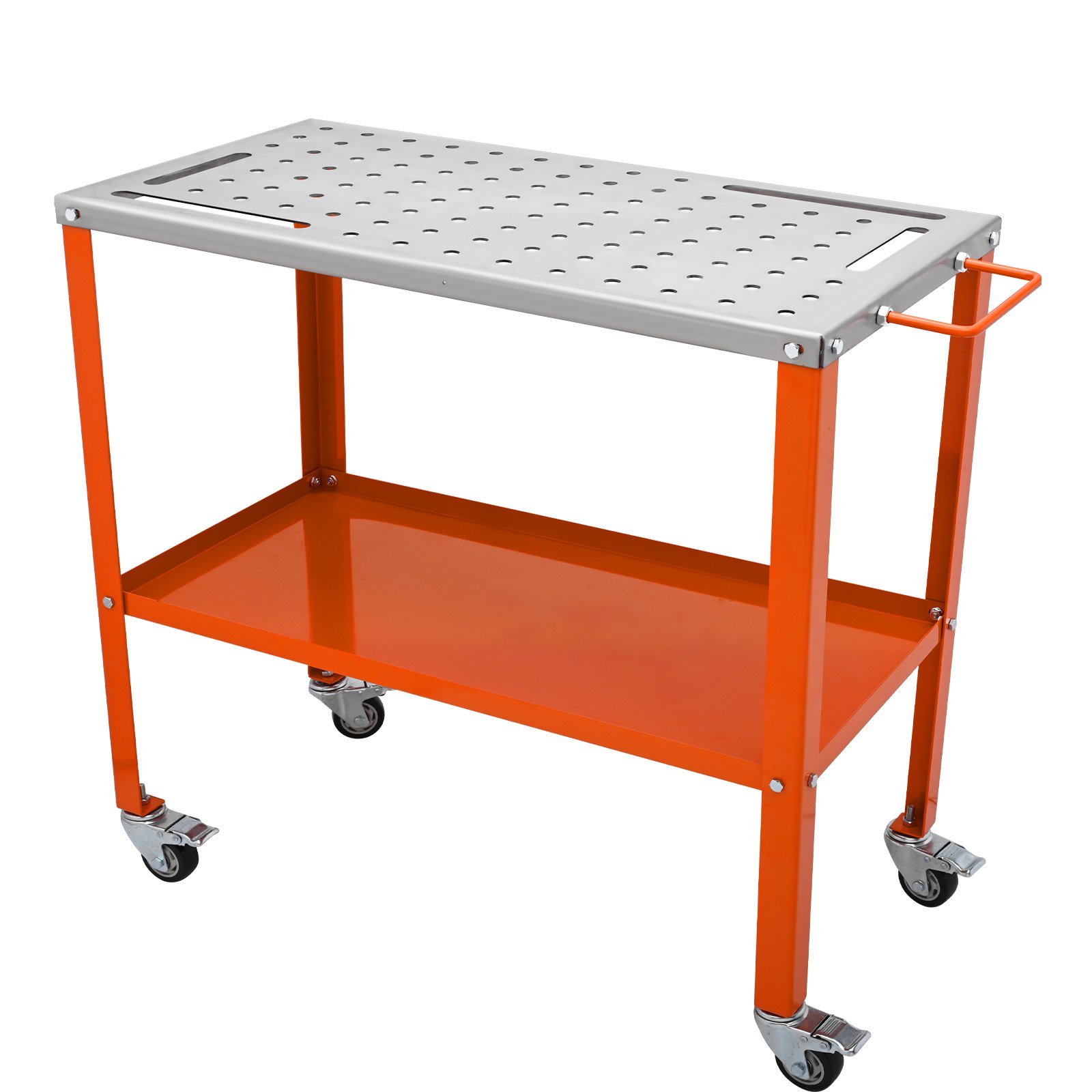 V952-KYDHZW1200LB3M6A7V0-202508011211-00 VEVOR 36" x 18" Welding Table, 1200lbs Load Capacity Steel Welding Workbench Table on Wheels, Portable Work Bench with Braking Lockable Casters, 4 Tool Slots, 5/8-inch Fixture Holes, Tool Tray - Image 1