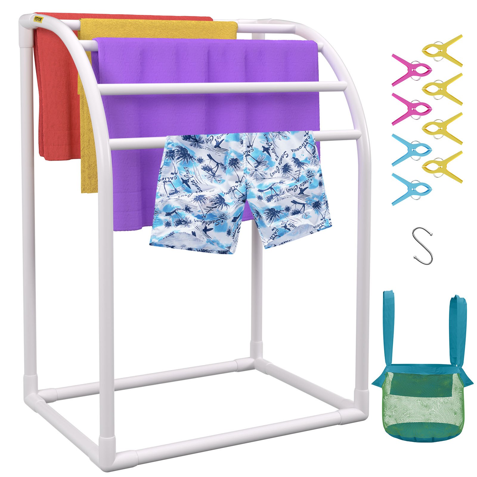 V952-MJJBSSXGBDDW52IAUV0-202507141753-00 VEVOR Pool Towel Rack, 5 Bar, Milky, Freestanding Outdoor PVC Curved Poolside Storage Organizer, Include 8 Towel Clips, Mesh Bag, Hook, Also Stores Floats and Paddles, for Beach, Swimming Pool, Home - Image 1