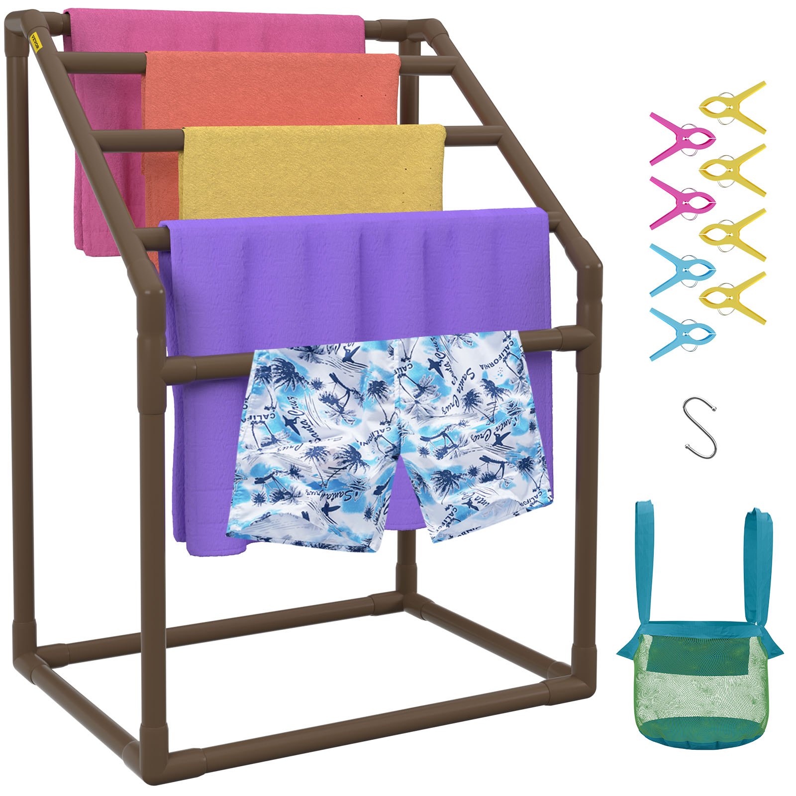 V952-MJJZSTXGBDDW5DYL3V0-202507141537-00 VEVOR Pool Towel Rack, 5 Bar, Brown, Freestanding Outdoor PVC Trapedozal Poolside Storage Organizer, Include 8 Towel Clips, Mesh Bag, Hook, Also Stores Floats and Paddles, for Beach, Swimming Pool - Image 1