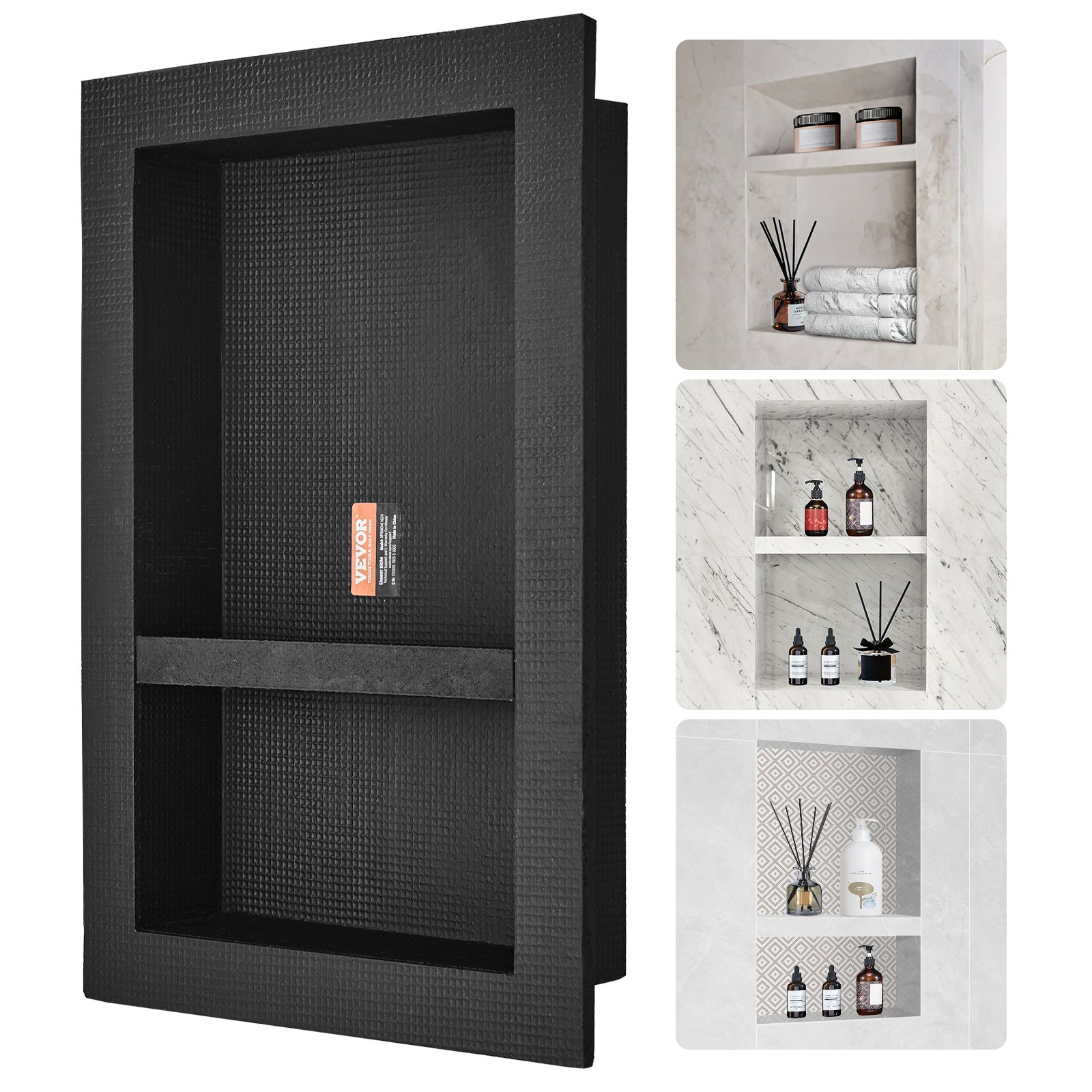 V952-SLLYBK2C17YCR2AE8V0-202508020046-00 VEVOR Shower Niche Ready for Tile 40.64 x 60.96 cm, 16 x 24 inch Double Shelf Organizer, Square Corners Wall-inserted Niche Recessed, Sealed Protection Modern Soap Storage Niche for Shower Bathroom, Black - Image 1