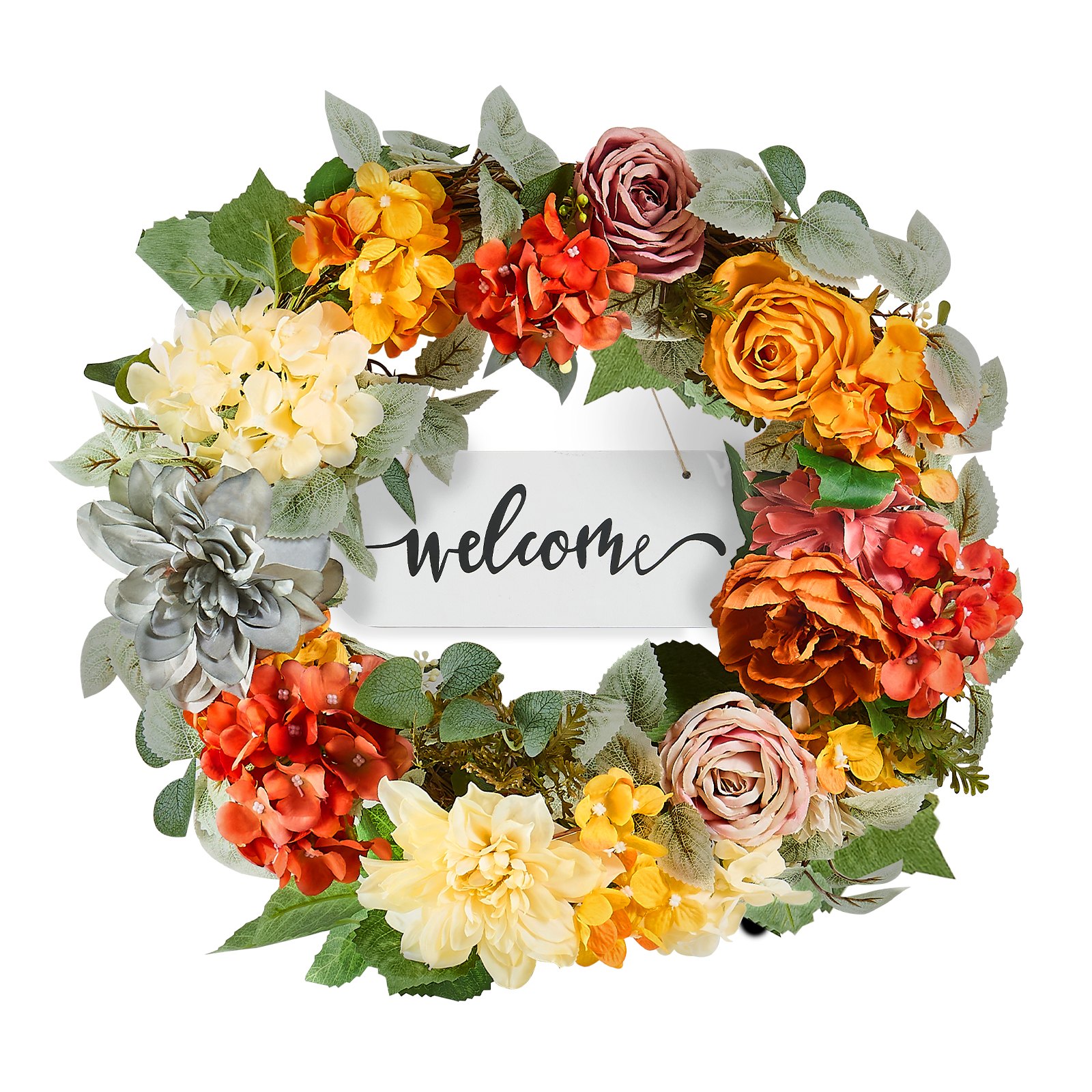 V952-ZSHHXQHMPHCH0I3Y1V0-202507141225-00 VEVOR Artificial Decorative Wreath 60.96 cm Red Orange Yellow Hydrangeas Roses - Image 1